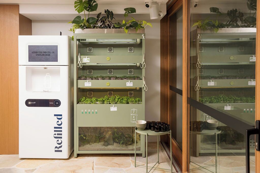 Une cuisine avec un réfrigérateur blanc, une étagère pour plantes verte et une vitrine contenant des plantes.