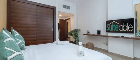 1 bedroom, desk, iron/ironing board, travel cot