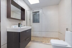 A bathroom with a shower, a toilet, a sink, and a mirror.