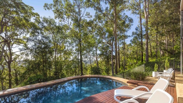 Una piscina con cubierta de madera y sillas reclinables blancas, rodeada de altos árboles.