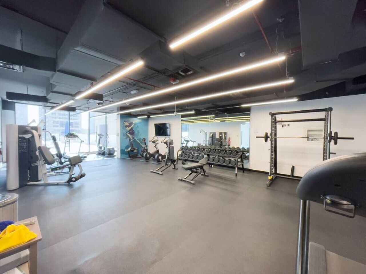 Ein modernes Fitnessstudio mit verschiedenen Trainingsgeräten, darunter Kraftgeräte und Kurzhanteln, sowie einer Spiegelwand.