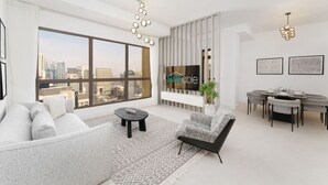 Ein modernes Wohnzimmer mit großem Fenster, einer Couch, einem Couchtisch, einem Fernseher, einem Essbereich mit Tisch und Stühlen sowie einer dekorativen Leuchte.