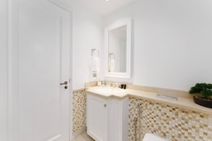 A bathroom with a white door, a sink with a mirror above it, and a potted plant on the counter.