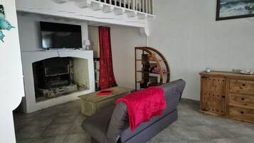 TV, caminetto, libri