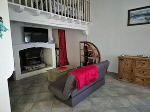 TV, fireplace, books