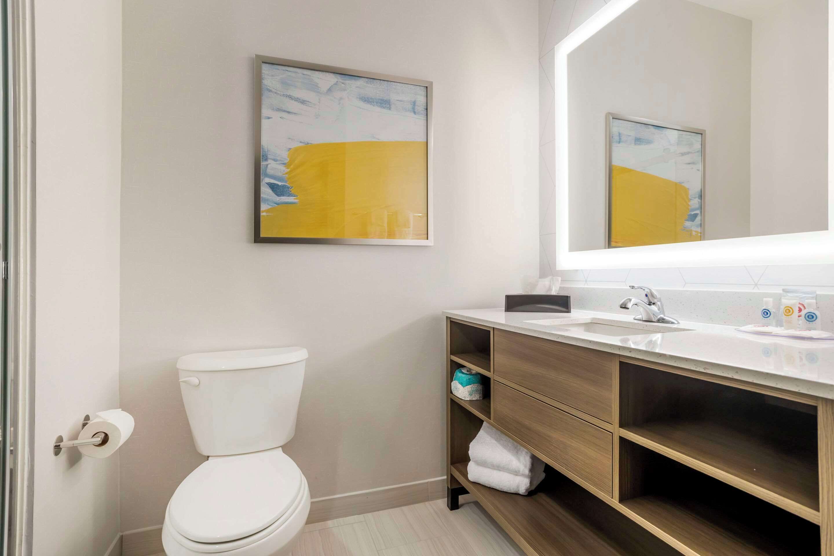 A modern bathroom with a toilet, a sink, and a mirror. There are two framed artworks on the wall.