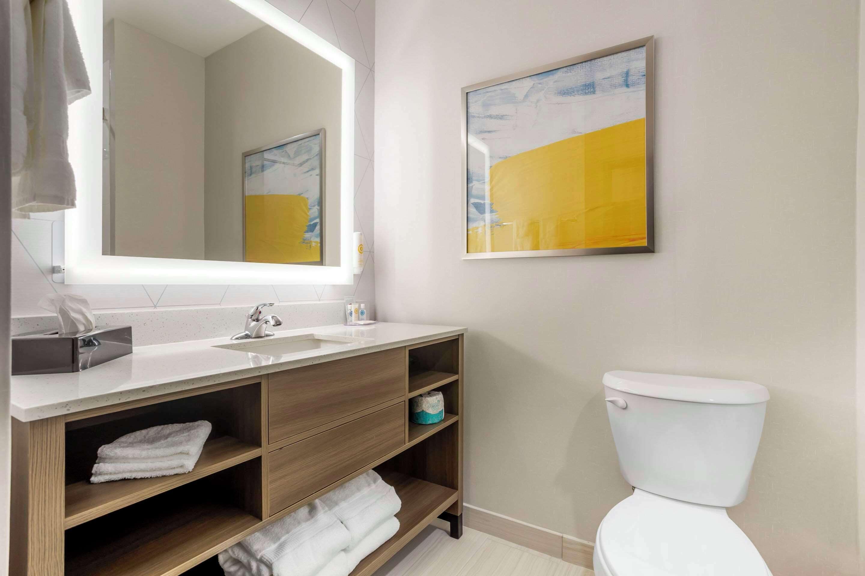 A modern bathroom with a large mirror, two sinks, wooden shelves, and a toilet.