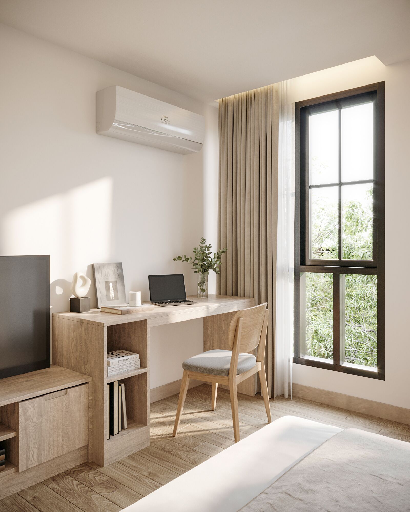 Een moderne, goed verlichte kamer met een houten bureau, een laptop, een stoel en een groot raam met gordijnen.