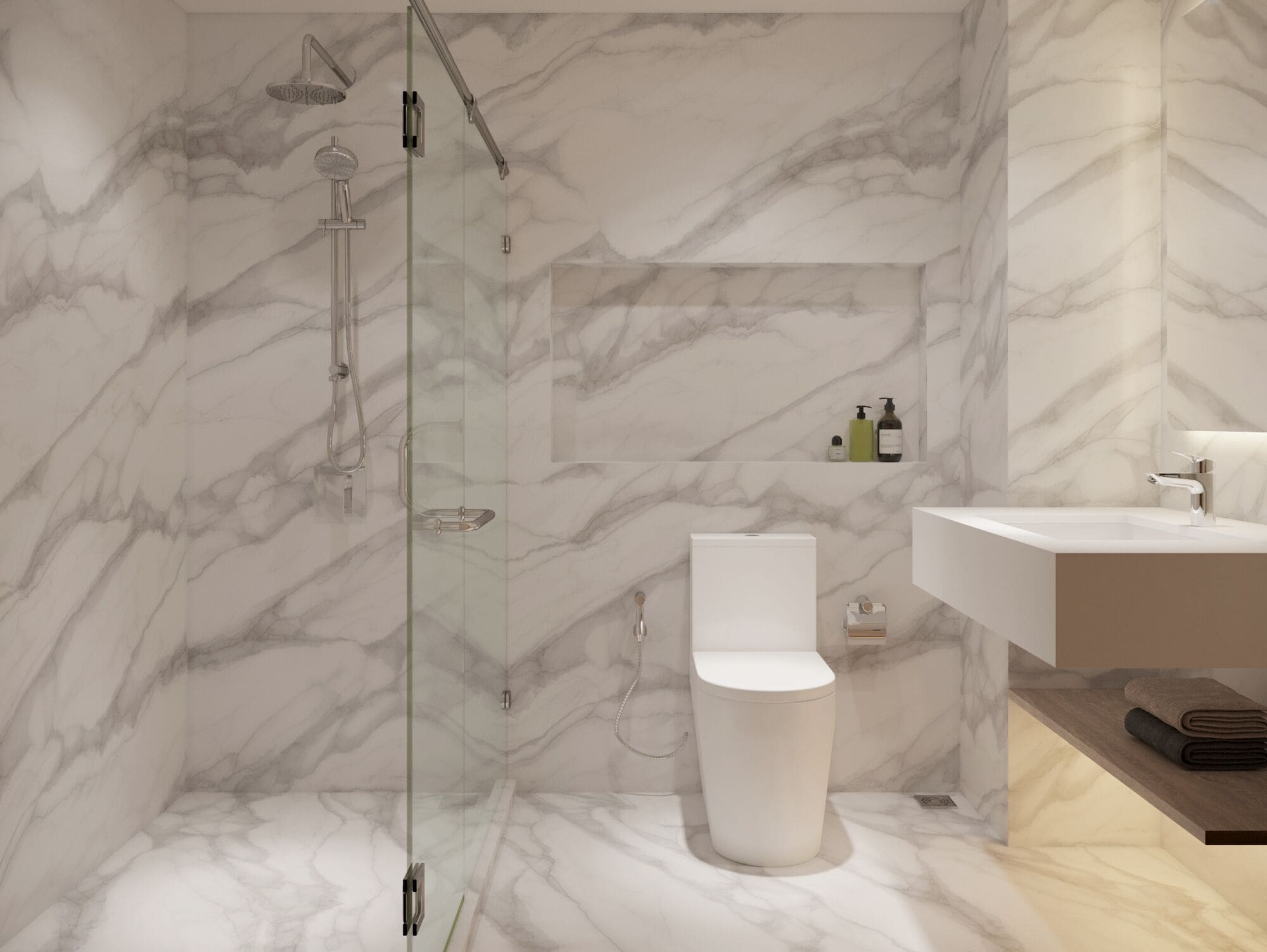 A modern bathroom with a glass-enclosed shower, a white toilet, and a marble-tiled wall.
