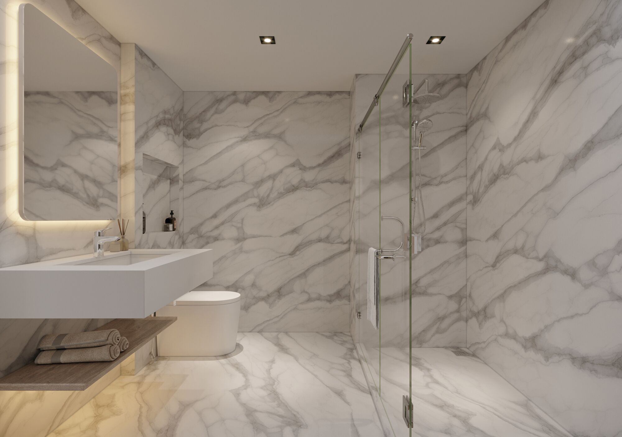 A modern bathroom with a marble wall, a glass shower enclosure, a white sink, and a toilet.