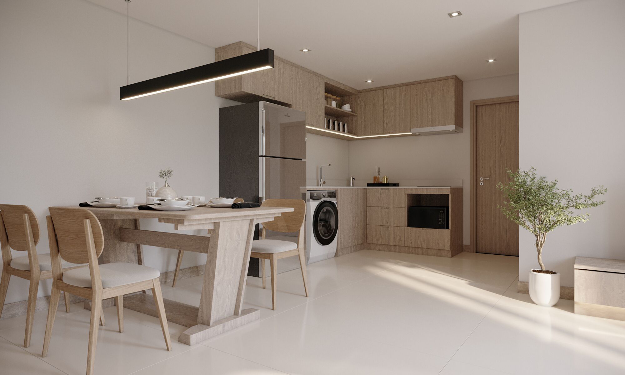 A modern kitchen with wooden cabinets, a built-in washing machine, and a dining area with a table and chairs.