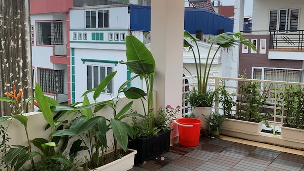 Un balcon agrémenté de plantes en pot, de guirlandes lumineuses et d’un sol carrelé.