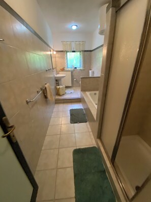 Hair dryer, bidet, towels, soap