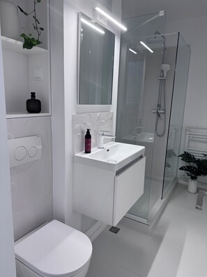 Dusche, Haartrockner, Handtücher, Seife