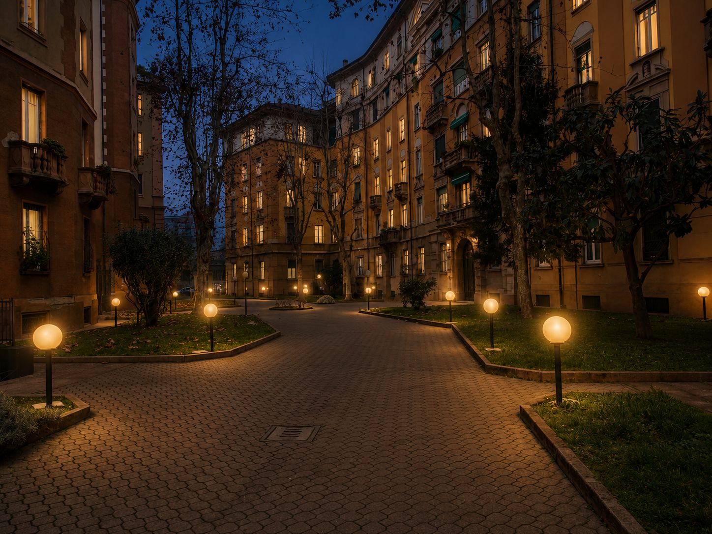 Una vista notturna di un edificio a più piani con un cortile pavimentato, illuminato da lampioni sferici.