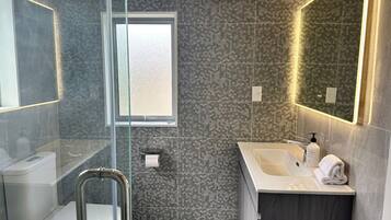 Shower, hair dryer, towels, soap