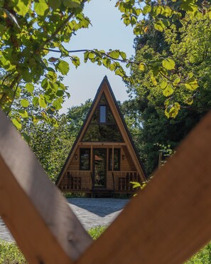 Una baita di legno con tetto a punta, immersa tra gli alberi.