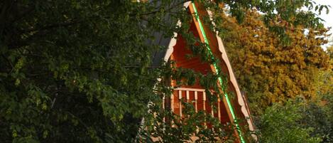 A building partially obscured by dense foliage, with a visible window and a sloped roof.