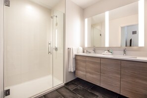 Shower, hair dryer, towels - Luxury Apt in Seaport with Gym and Pool (Boston)