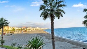 A beach with palm trees and a clear sky.