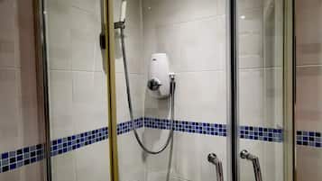 Hair dryer, towels, soap, shampoo