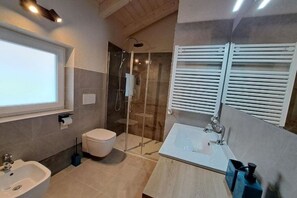 Regadera, secadora de cabello, bidet, toallas