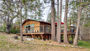 A wooden cabin with a deck, surrounded by trees. - Peaceful Wooden Cabin, 2 Mi to Bass Lake! (Oakhurst)