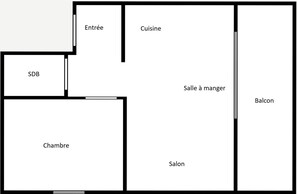 Ein Grundriss mit beschrifteten Räumen: 'Entrée', 'Cuisine', 'SDB', 'Chambre', 'Salle à manger', 'Balcon' und 'Salon'.