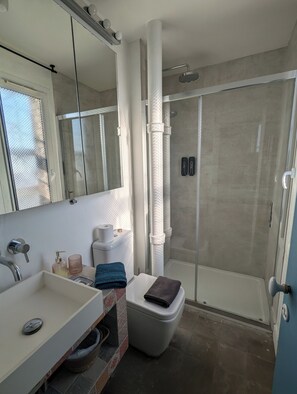 Ducha, secador de pelo, toallas, jabón