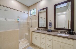 Shower, towels, shampoo