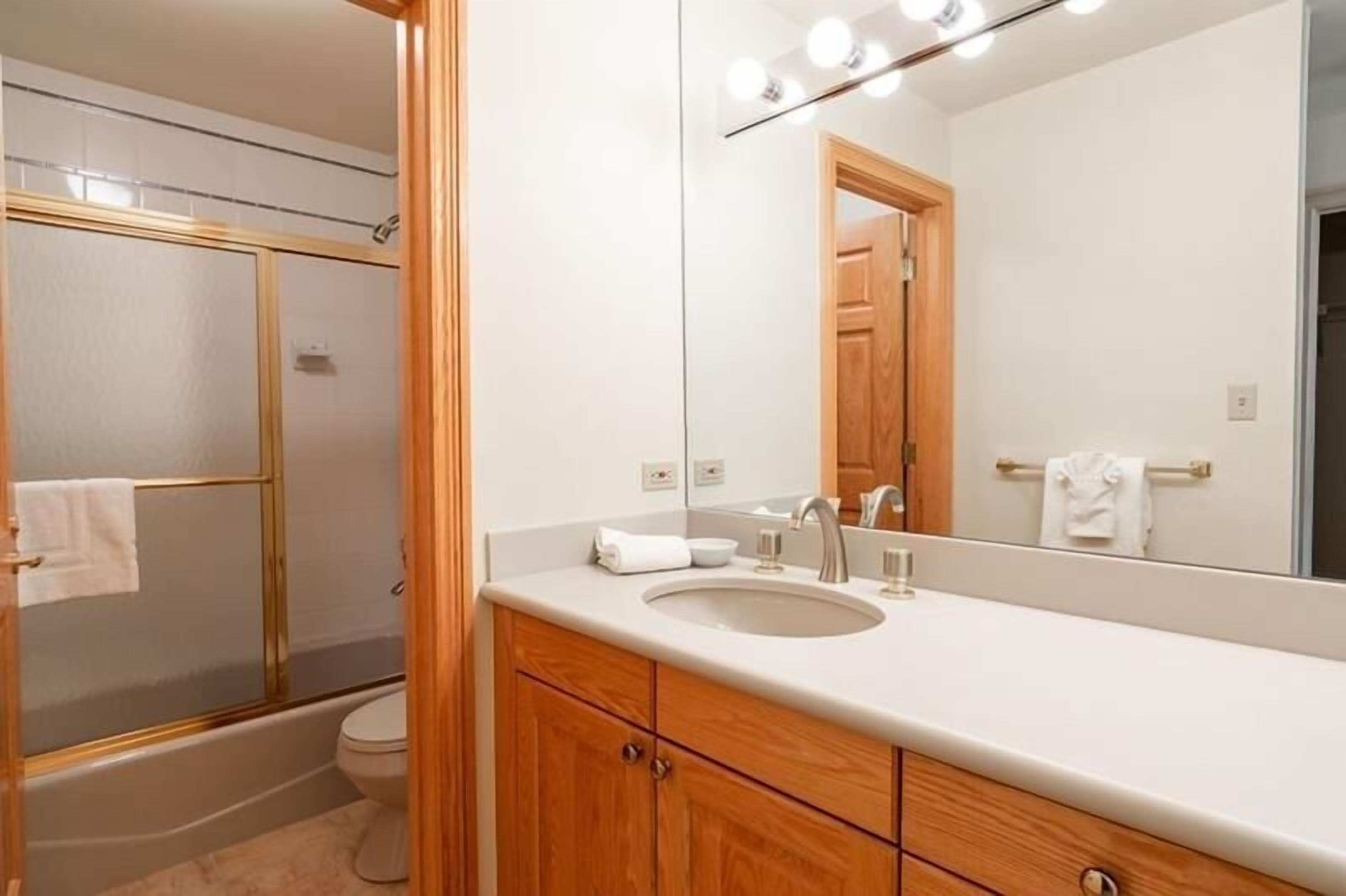 A bathroom with a shower, toilet, sink, and a large mirror.