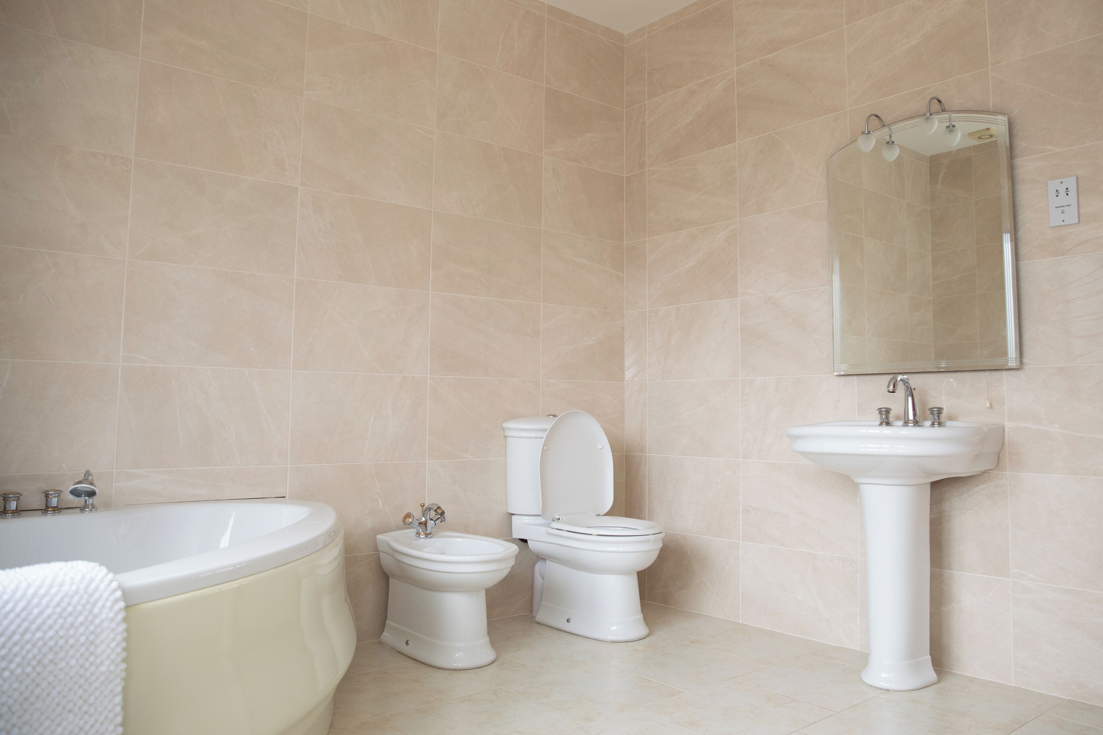 Jetted tub, hair dryer, bidet, towels