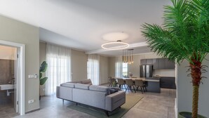 A modern living room with a grey sofa, dining area, kitchen, and a large potted plant.