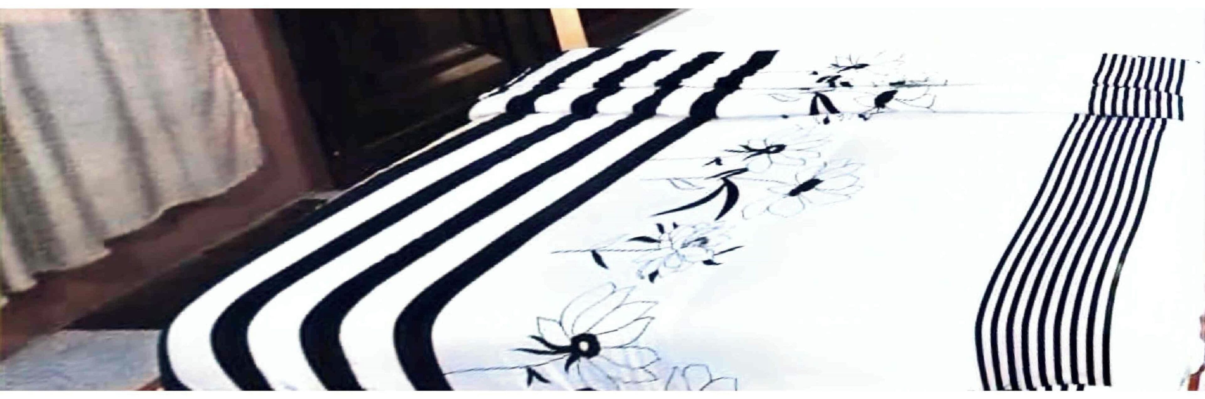 A striped floor with floral patterns.