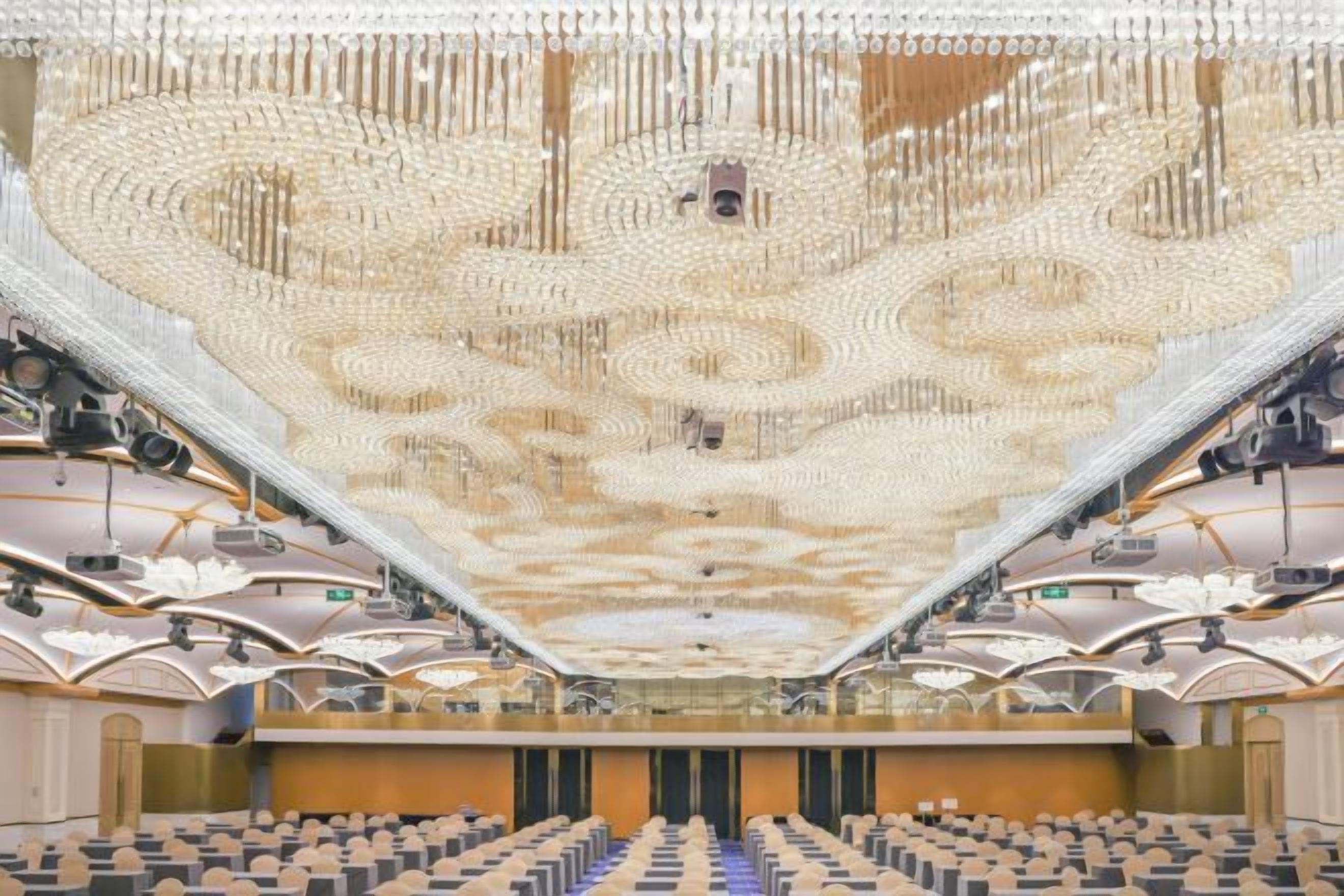 An auditorium with tiered seating and a large, ornate ceiling.
