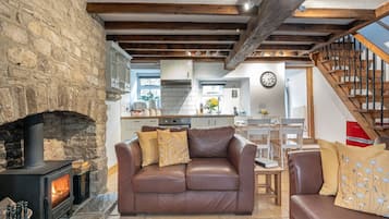 Smart TV, fireplace, books