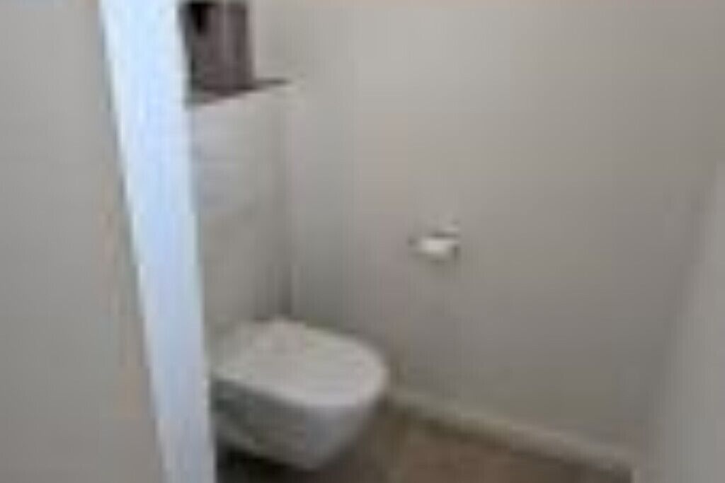 A small, narrow bathroom with a toilet and a shelf above it.