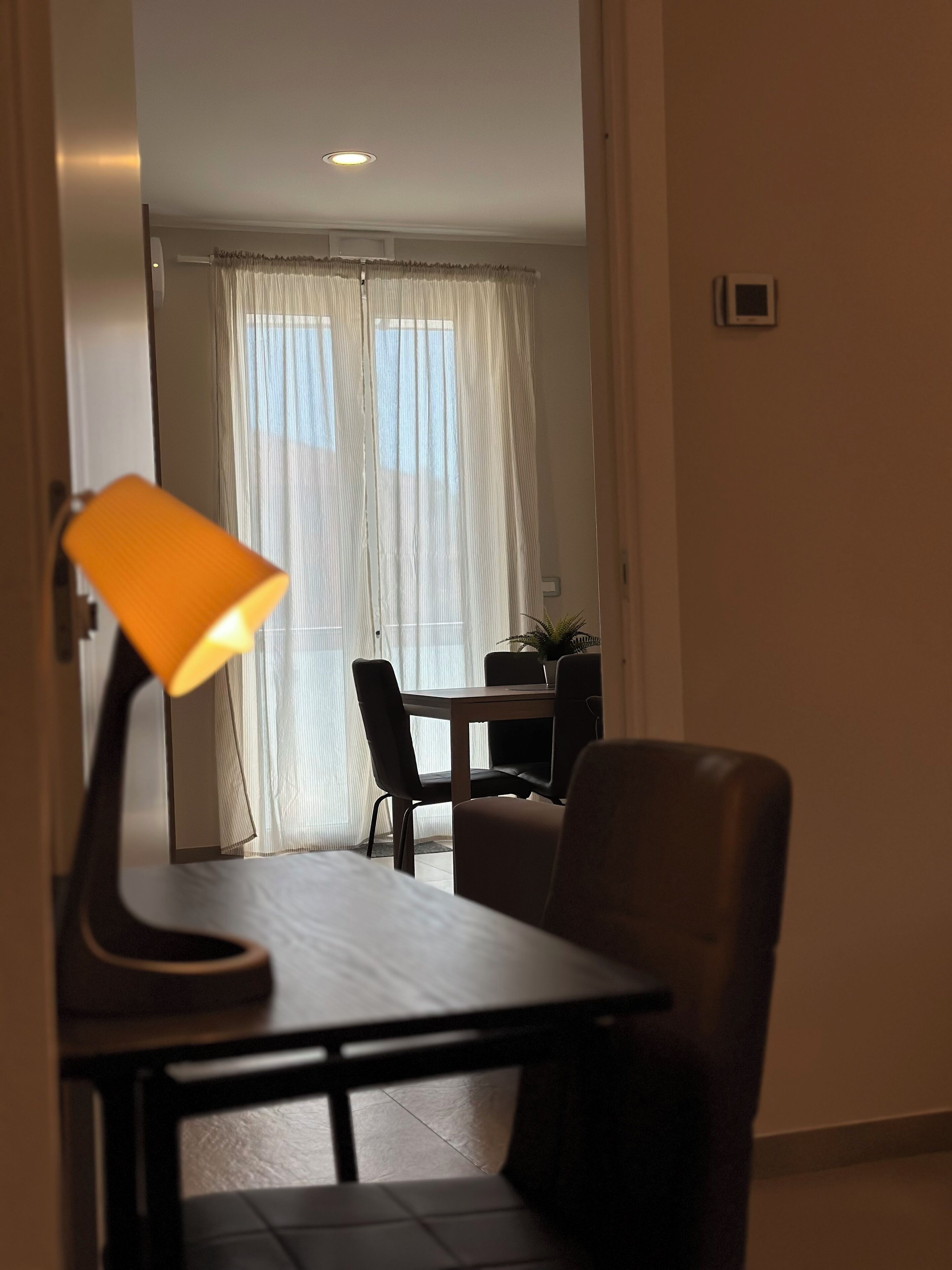 Ein Zimmer mit Esstisch, Stühlen, einer Lampe und Blick durch ein Fenster mit transparenten Vorhängen.