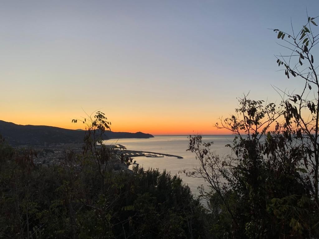 A coastal landscape with a sunset, a body of water, and a distant cityscape.