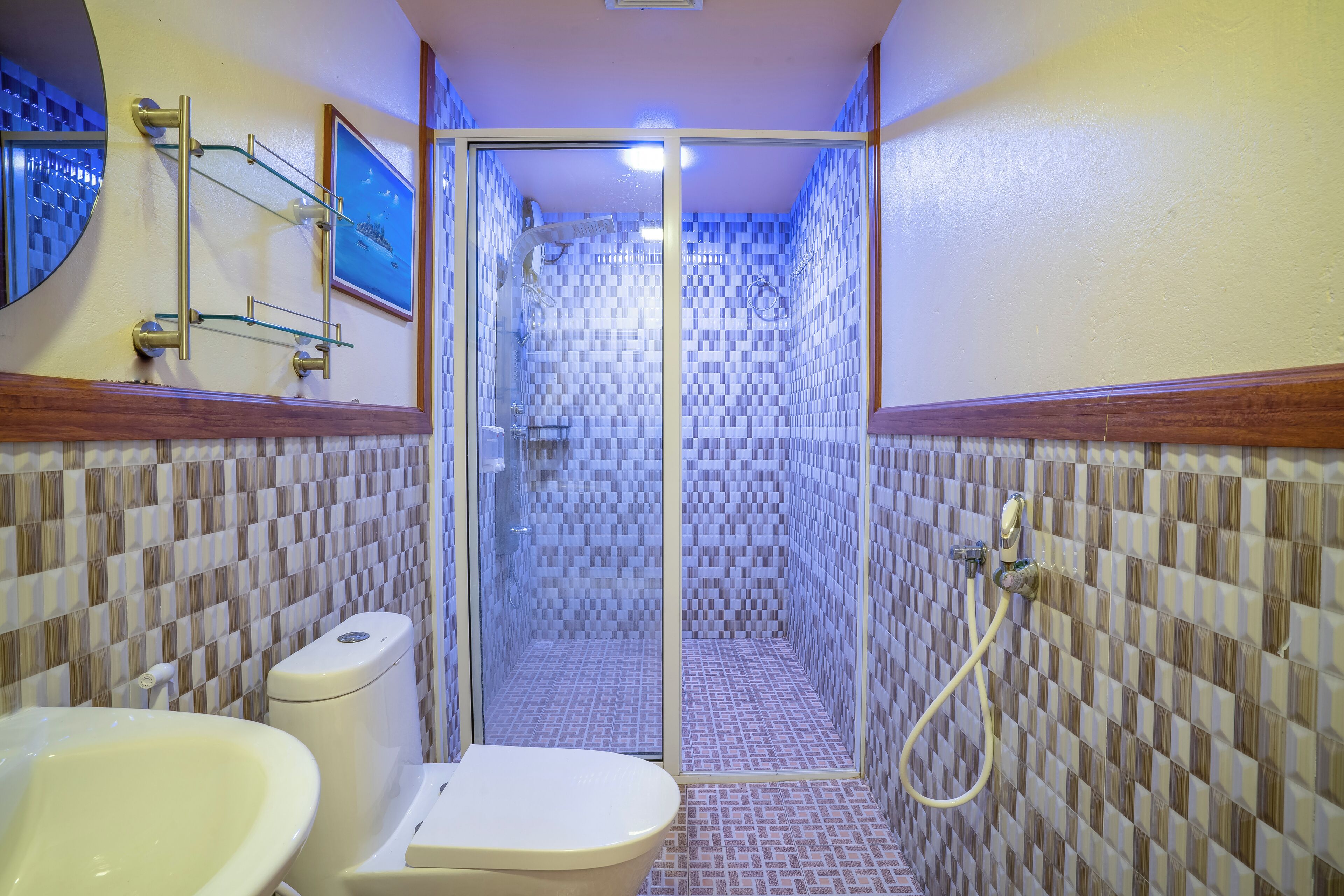 A bathroom with a toilet, bidet, and shower stall.