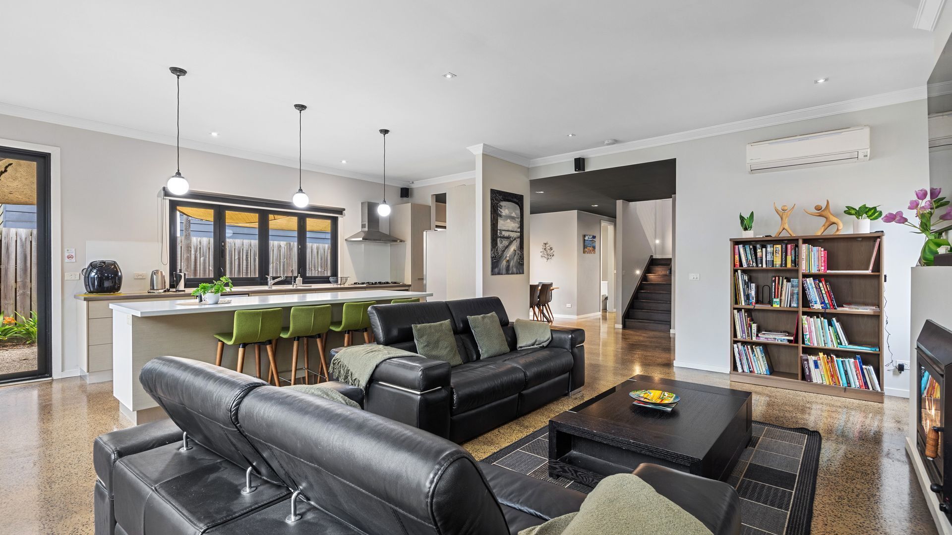 Smart TV, fireplace, books