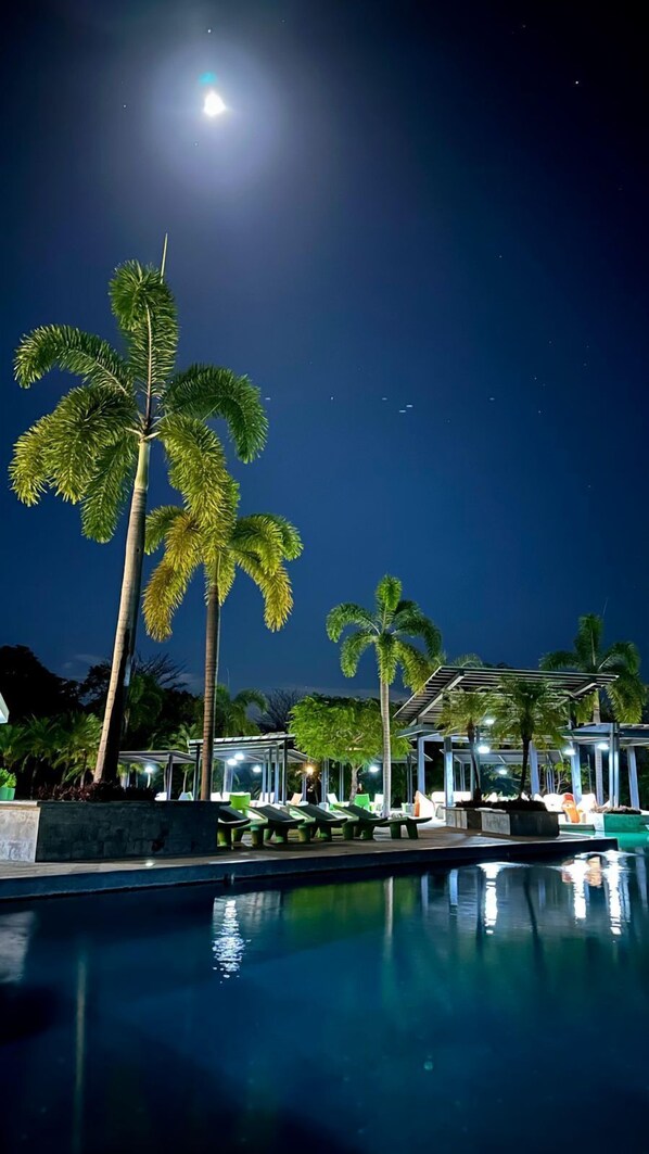 Área de piscina à noite, com palmeiras e céu iluminado pela lua.