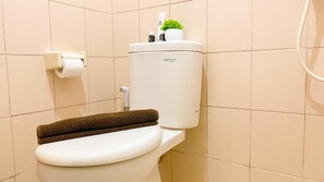 A bathroom with a toilet, toilet paper holder, and potted plant.