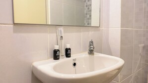 Un lavabo dans la salle de bain, avec un miroir au-dessus, un porte-brosse à dents et deux flacons de produits d’hygiène de voyage.