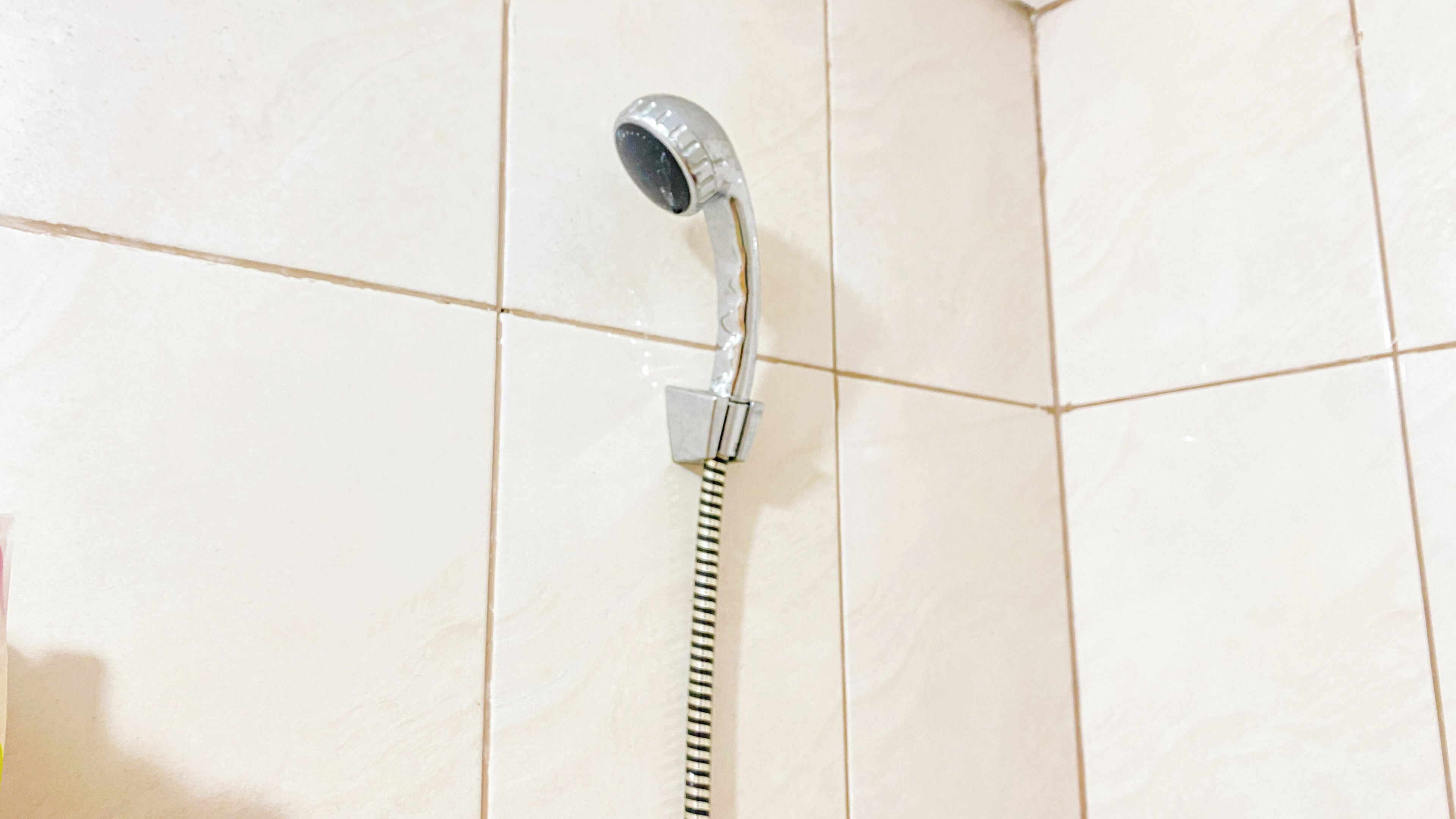 A shower with a handheld showerhead mounted on a wall.