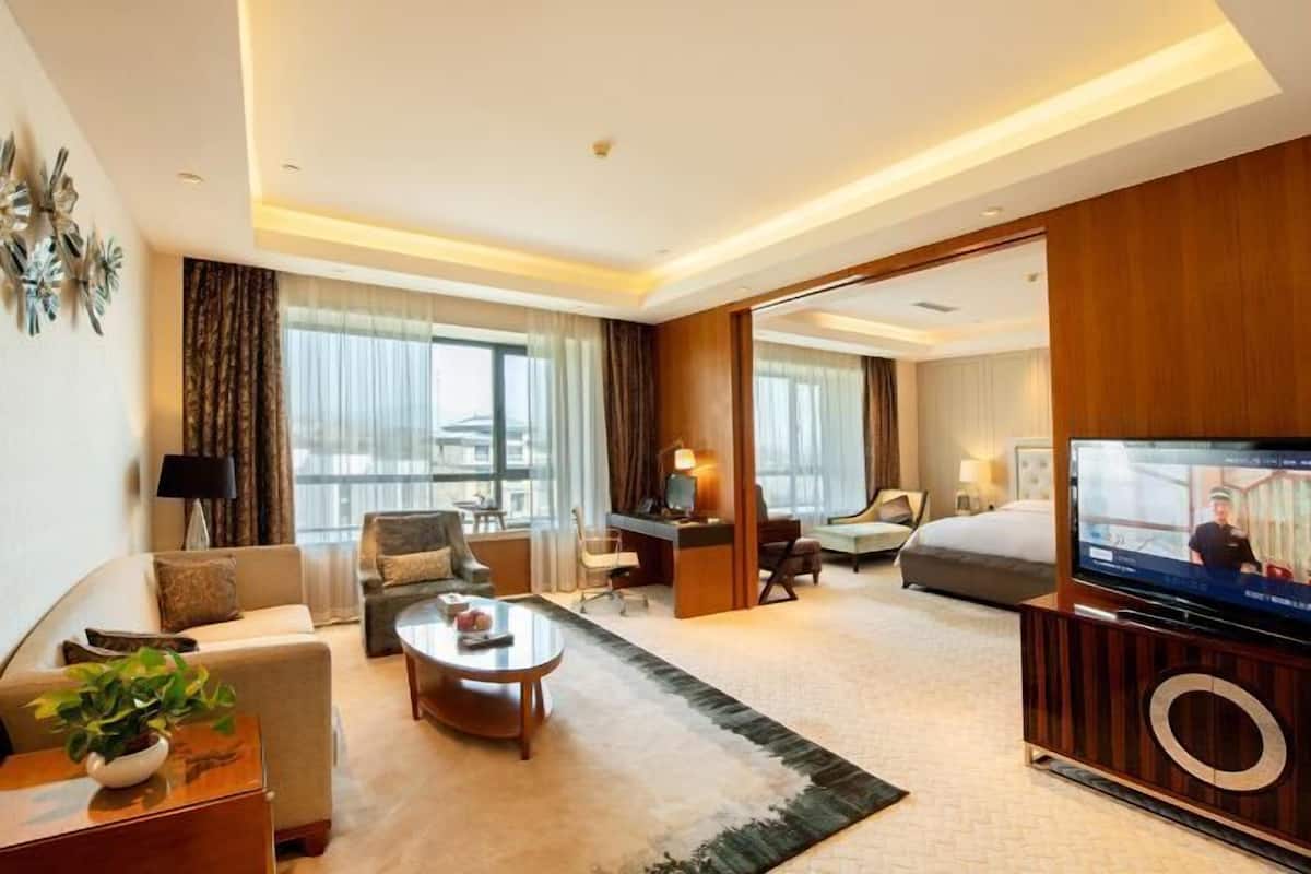 Ein modernes Hotelzimmer mit Sofa, Sessel, Couchtisch und einem Fernseher auf einem Holzständer.