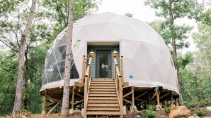 Une structure en forme de dôme géodésique, avec un escalier en bois menant à une porte, le tout entouré d’arbres.