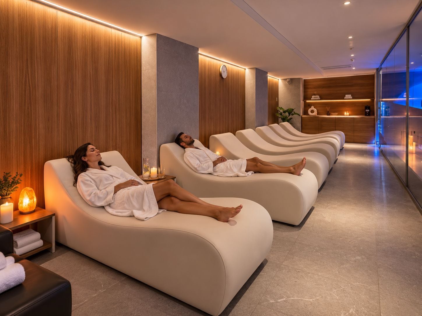 A spa area with reclining chairs, a wooden wall, a clock, and a shelf with towels.