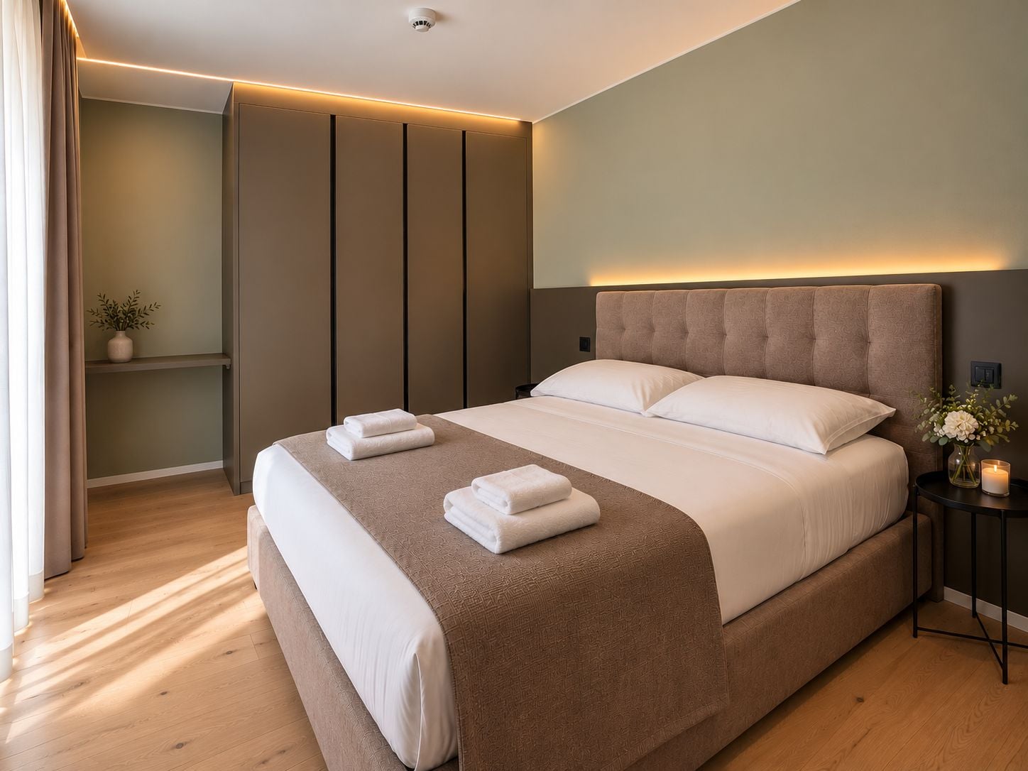 Une chambre d’hôtel moderne avec un grand lit, une table de chevet avec une bougie et un luminaire fixé au mur.