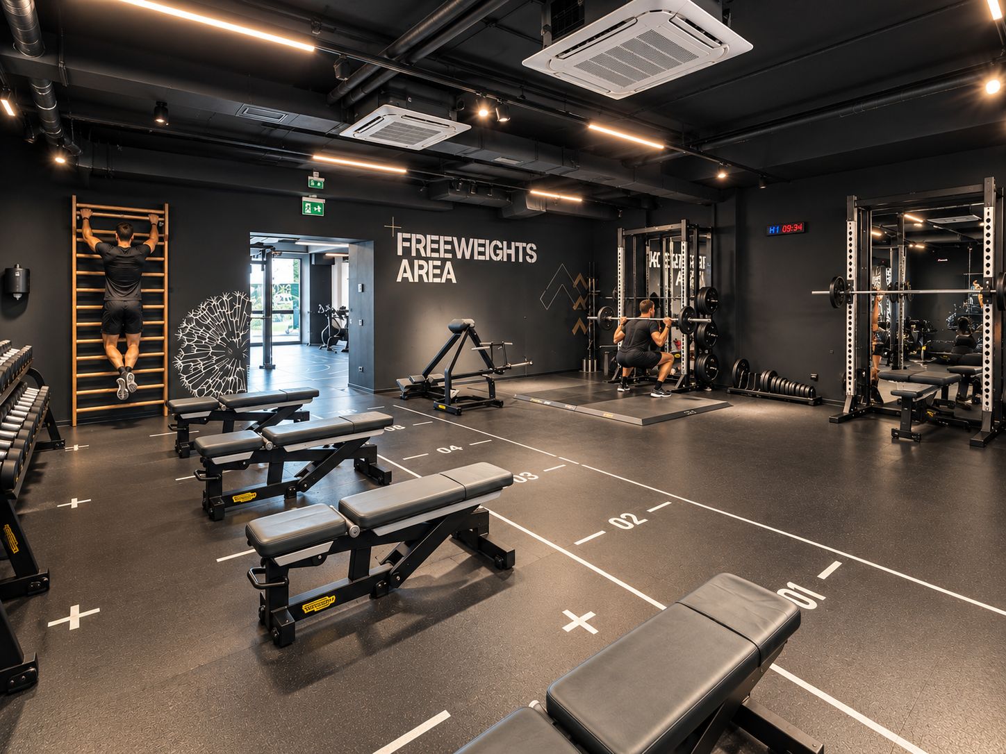 A gym with weightlifting equipment, benches, and a free weights area.
